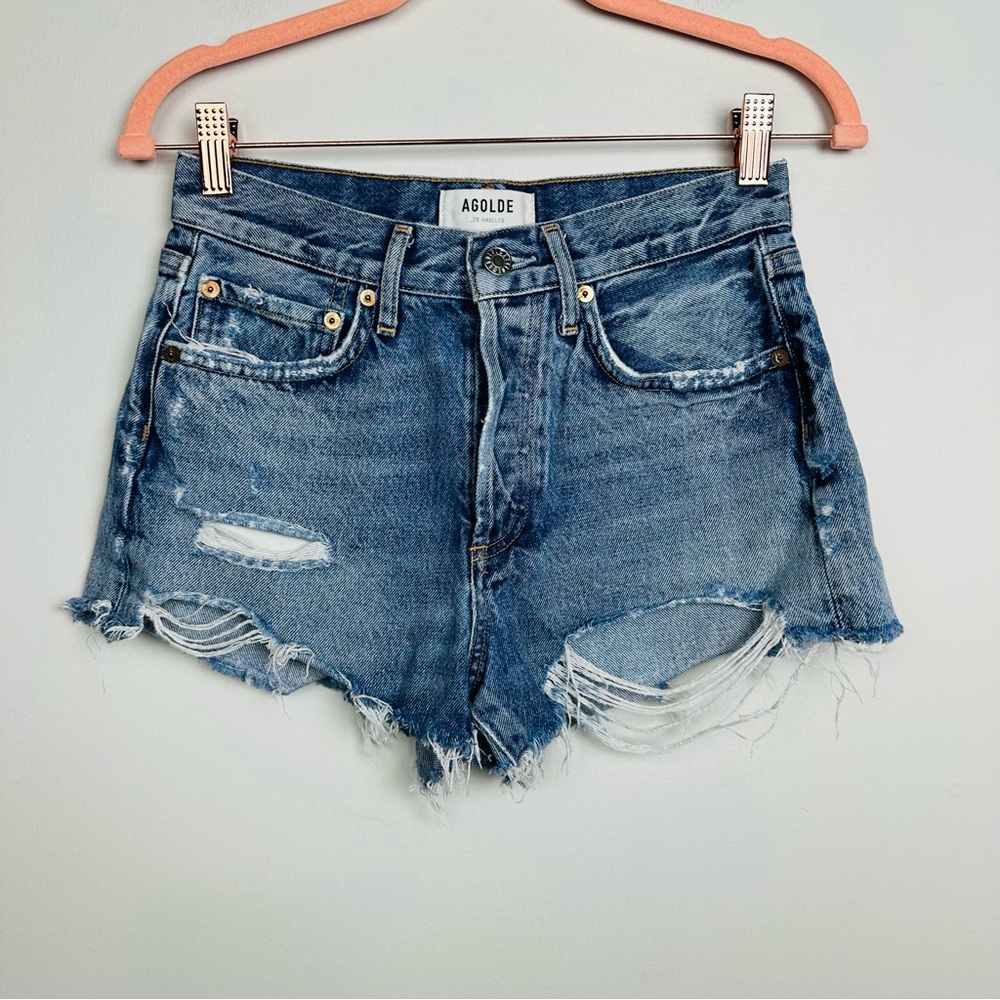Agolde Parker Short Distressed Blue Button Fly Jean Shorts Size 23
